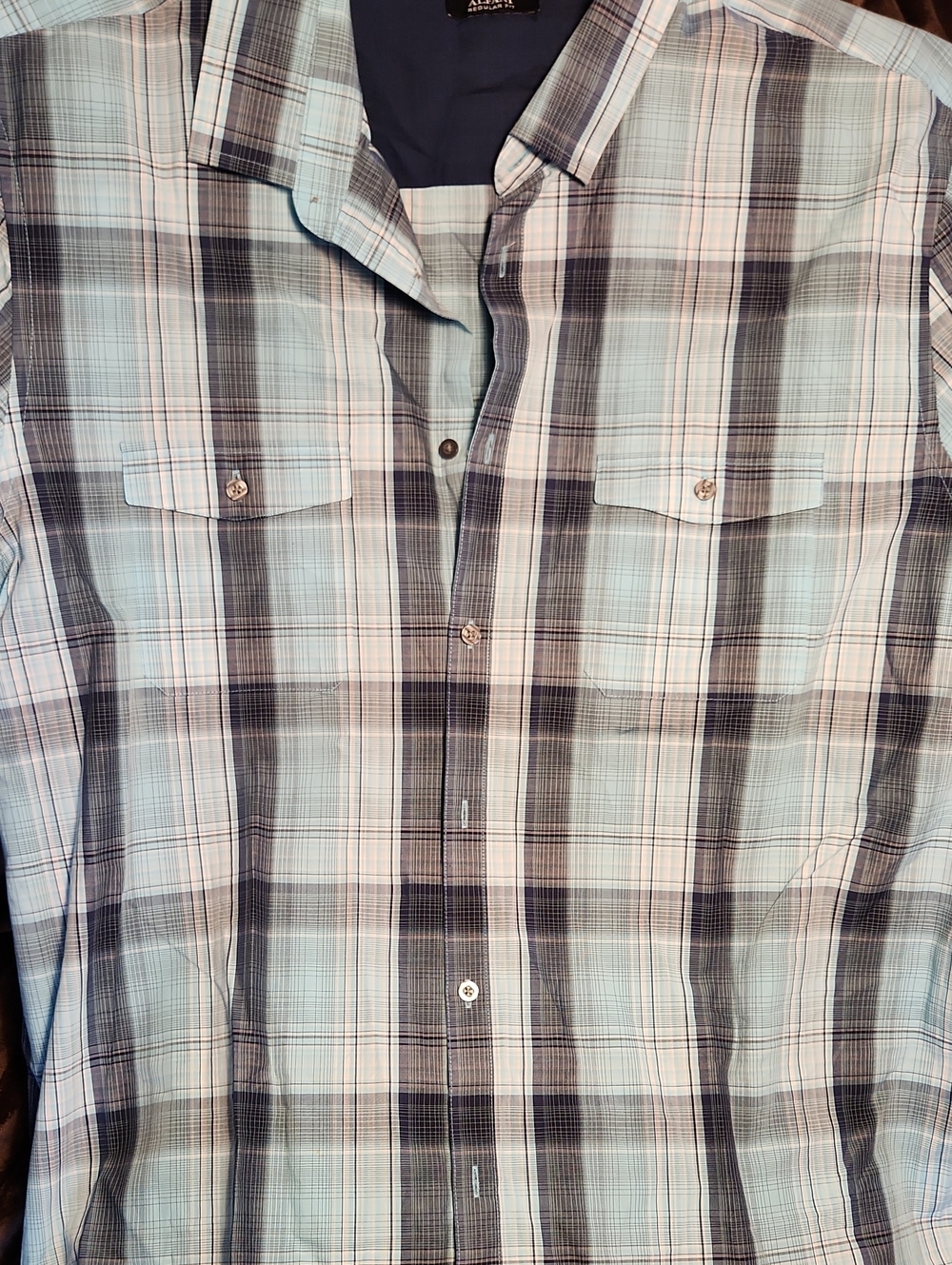 Alfani Light Blue and Gray Plaid Short-Sleeve Button-Down Shirt Size XXL